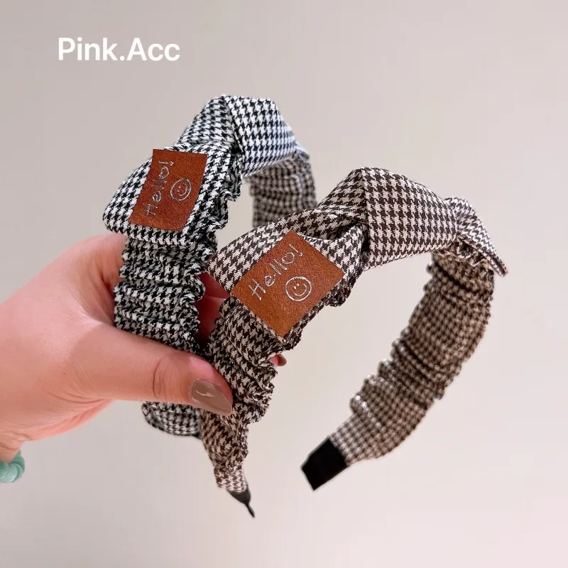 

Korean Retro Style Elegant Houndstooth Smiley Face Letter Bow Headband Headdress