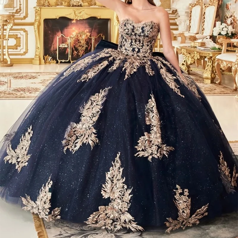 

Navy Blue Shiny Ball Gown Quinceanera Dresses Sweetheart Sweet 16 Prom Gowns Applique Lace Vestidos De 15 quinceanera