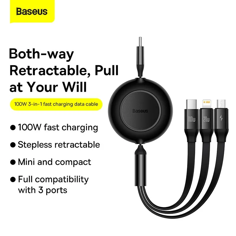 Baseus Retractable 100W 3 in 1 Fast USB - Image 2