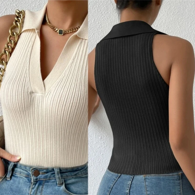 

N7YD Women Ribbed Knit Top Collared Top Sleeveless PoloShirts V-Neck Slim