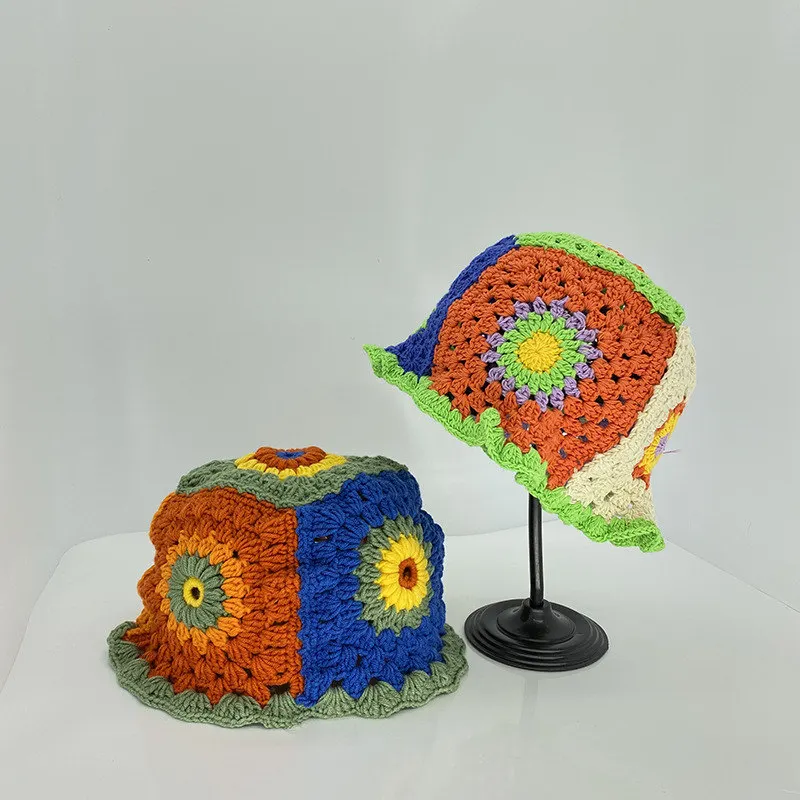 

Hollow Knitted Fisherman Hat Women's Spring Summer Breathable Hand-crocheted Color-blocking Basin Chapeau Bohemian Beach Cap