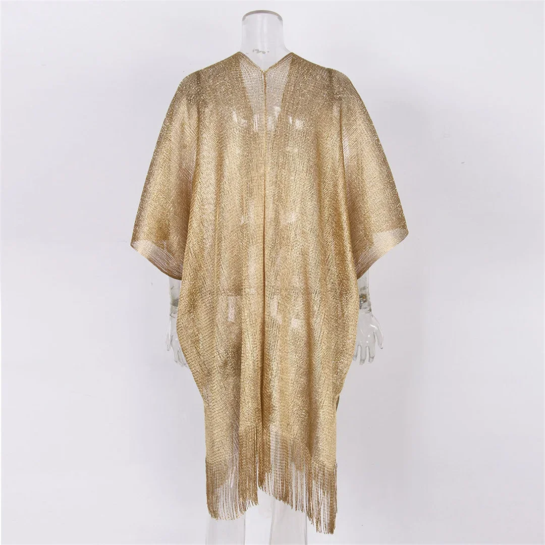 Sexy Fringe Tassel Mesh Sheer Shiny Knitted Tunic Beach Cover Up Cover-ups Beach Dress Beach Wear Beachwear Female Women