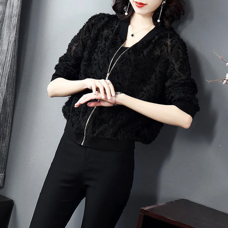 

2023 Spring Autumn Female Korean Casual Long-sleeved Flocking Baseball Uniform Jacket Women's New Thin Loose Fashion Coat Tide