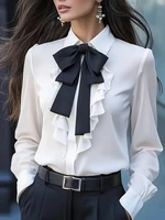 Women's Formal Shirt Collar Bow Tie Ruffles Long Sleeve Blouse - Image 3