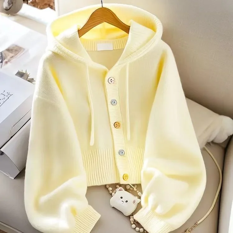 Yellow Loose Lazy Style Versatile New Autumn Women's Knitted Cardigan Top New Sense Hoodie Sweater Jacket Fashionable Outerwear - Image 3