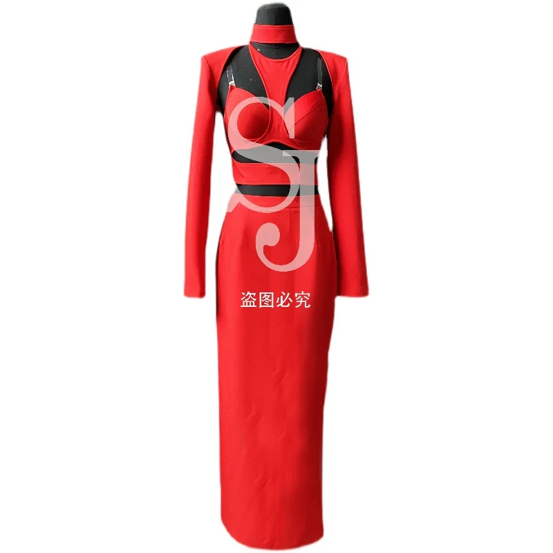 

Female singer red dress bar business performance host dress customized Long party evening dress