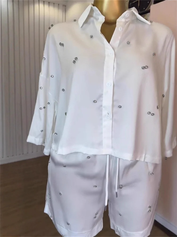 Wmstar Two Piece Sets Wholesale Long Sleeve Top Lapel Loose Studded Shirt and Wide Leg Shorts Sets New Matching Suit 2025