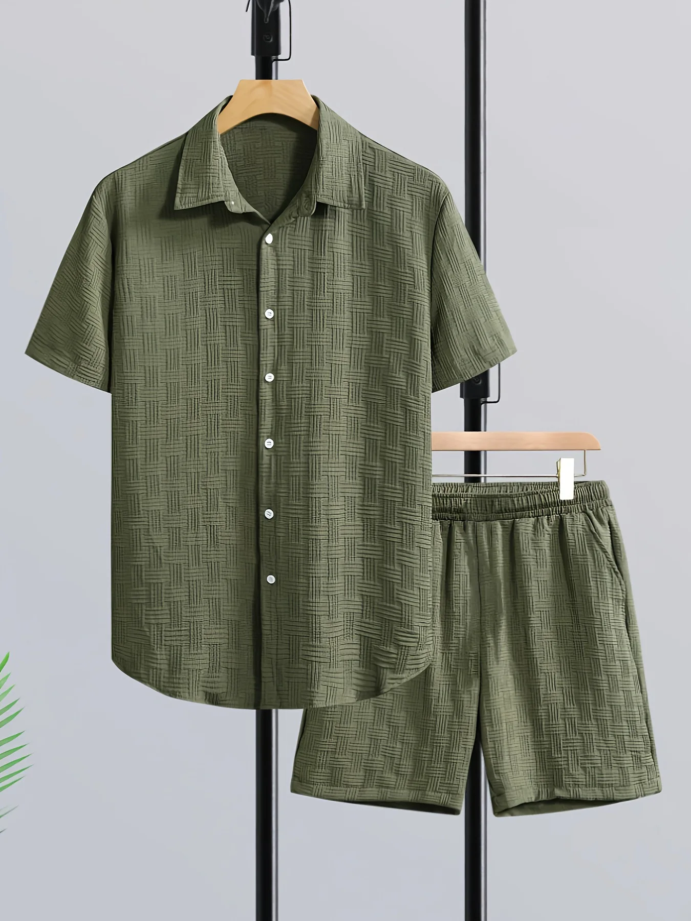 Tägliches, einfaches, modisches, schlichtes, retro, einfarbig gestreiftes Sommer-Strandset für Herren im lässigen, lockeren Stil. – Detail 6