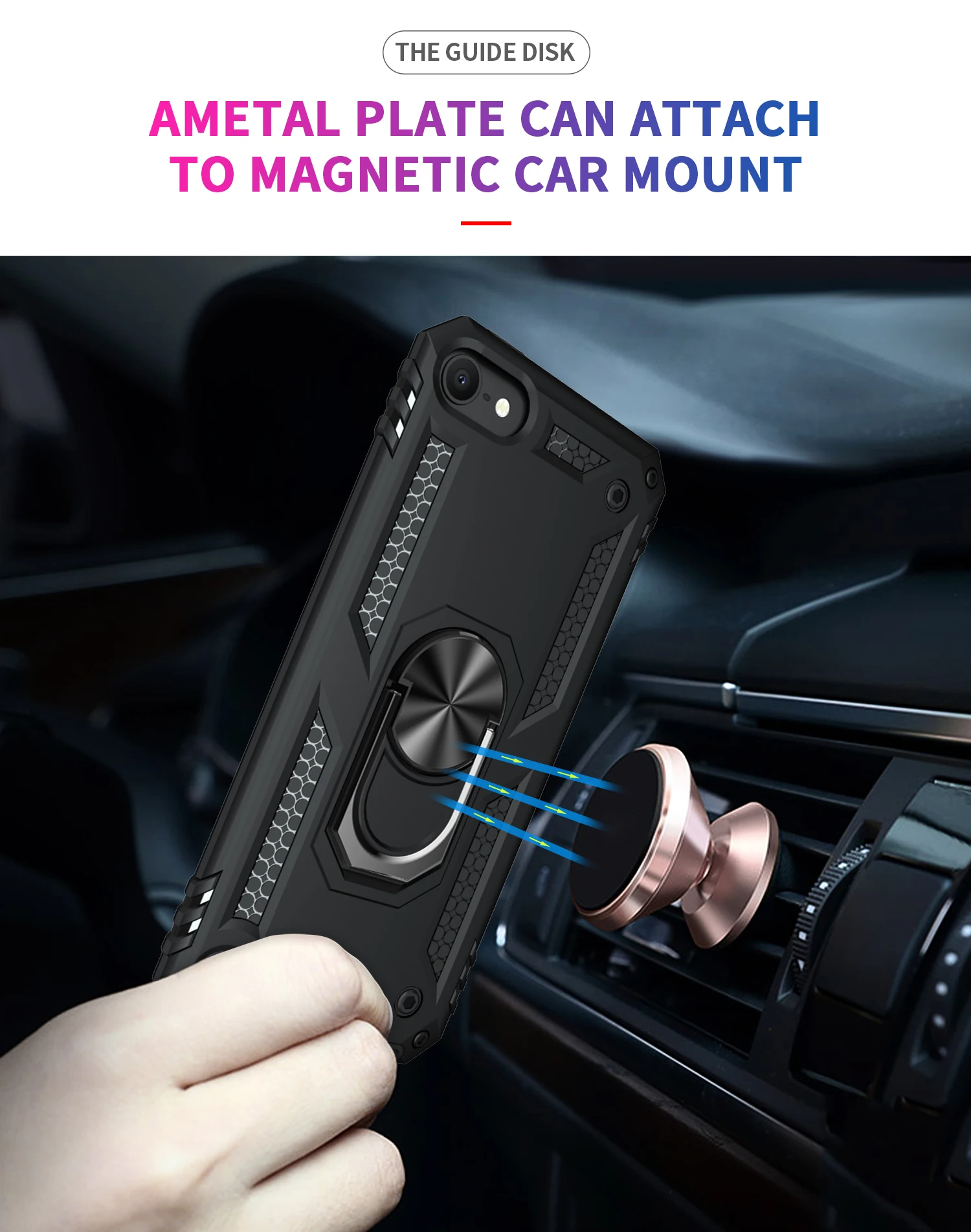 Magnetic Metal Finger Ring Holder Armor Shockproof Case with TPU Bumper and Hard PC Back Cover