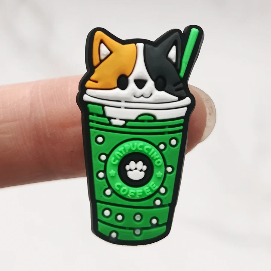 1Pcs PVC Shoe Buckle Accessories Funny DIY Colorful Cat Coffee Cup Shoes Buttons Decoration Jibz For Croc Charms Kids Gift