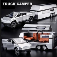 1/24 Cybers Truck Pickup Trailer Alloy Car Model Diecasts Metal Camper Van Motorhome Touring Car Model Sound Light Kids Toy Gift 1