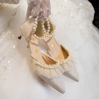 Luxury Silk White Wedding Shoes for Women 2023 Summer Pearl Ankle Straps High Heels Pumps Woman Pointed Toe Heeled Dress Shoes 5