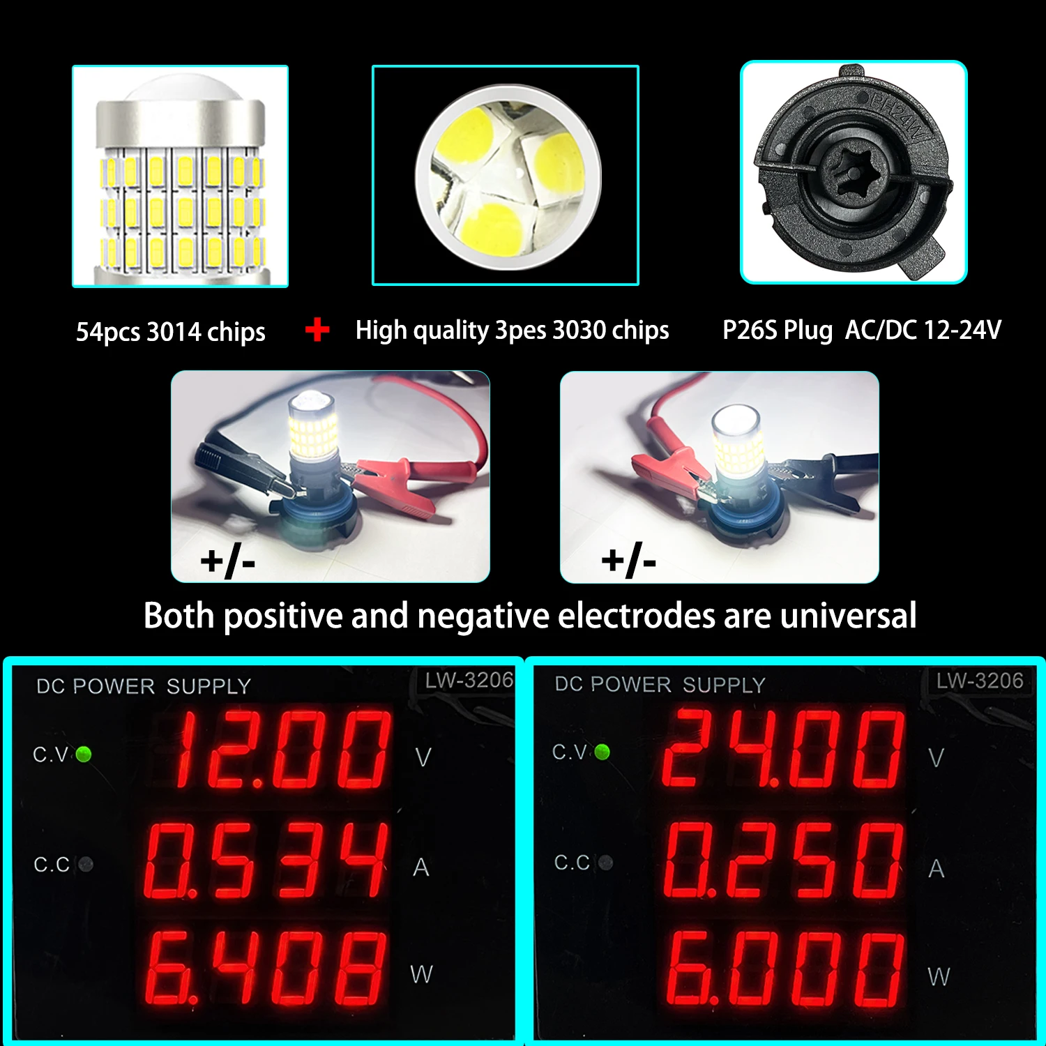 2x HP24W 전구 전면 안개등 48SMD 3014 주간 주행등 교체용 C5 모델 12V-24V 화이트 PG20-1 전구 극성 무관
