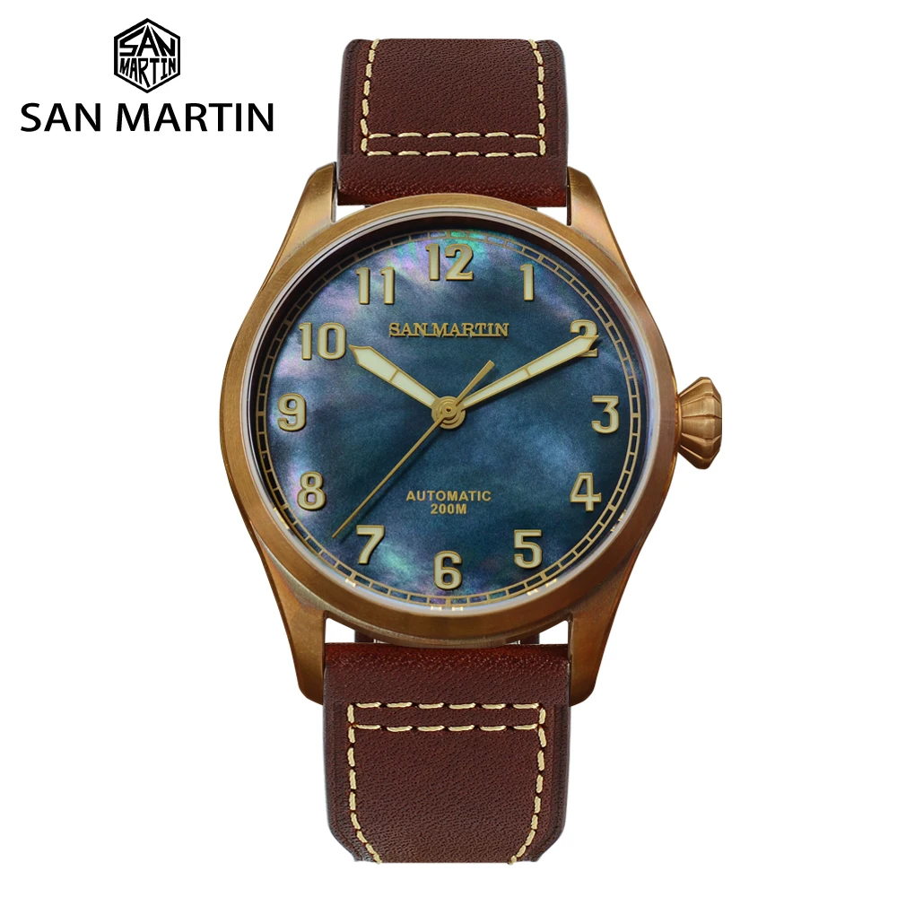 San Martin Mop Dial 42Mm Cusn8 Bronze Diver Retro Men Watch Pt5000 Orologio Meccanico Automatico Zaffiro Impermeabile 200M Luminoso