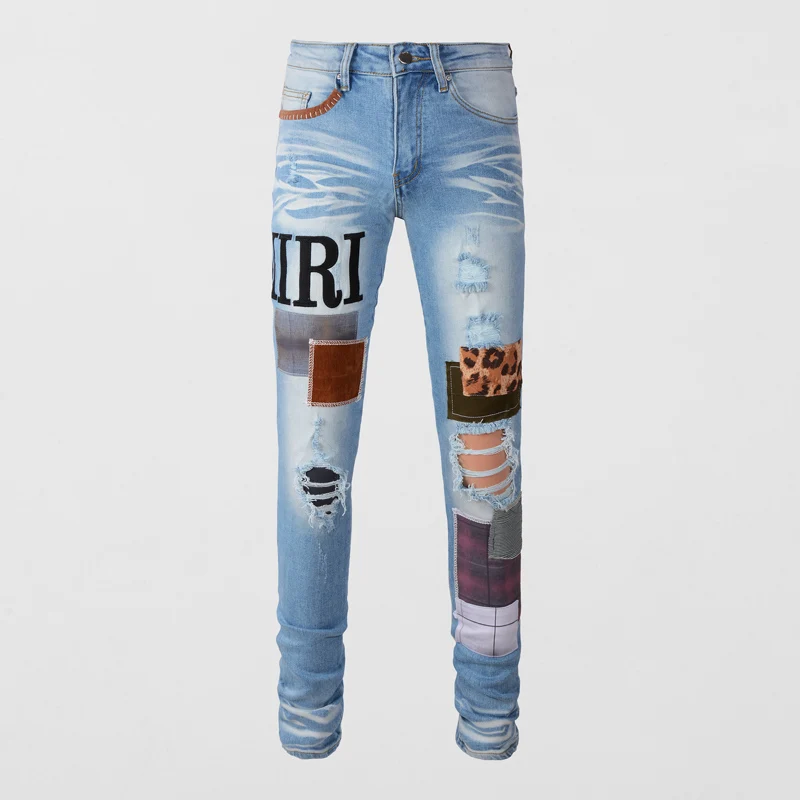 

High Street Fashion Men Jeans Retro Light Blue Stretch Skinny Fit Ripped Jeans Men Patch Designer Hip Hop Brand Pants Hombre