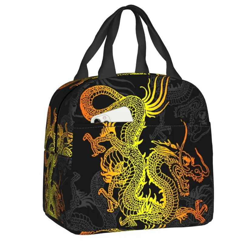 

Golden Chinese Dragon Pattern Thermal Insulated Lunch Bag Japanese Oriental Mythical Portable Lunch Container for Work Food Box