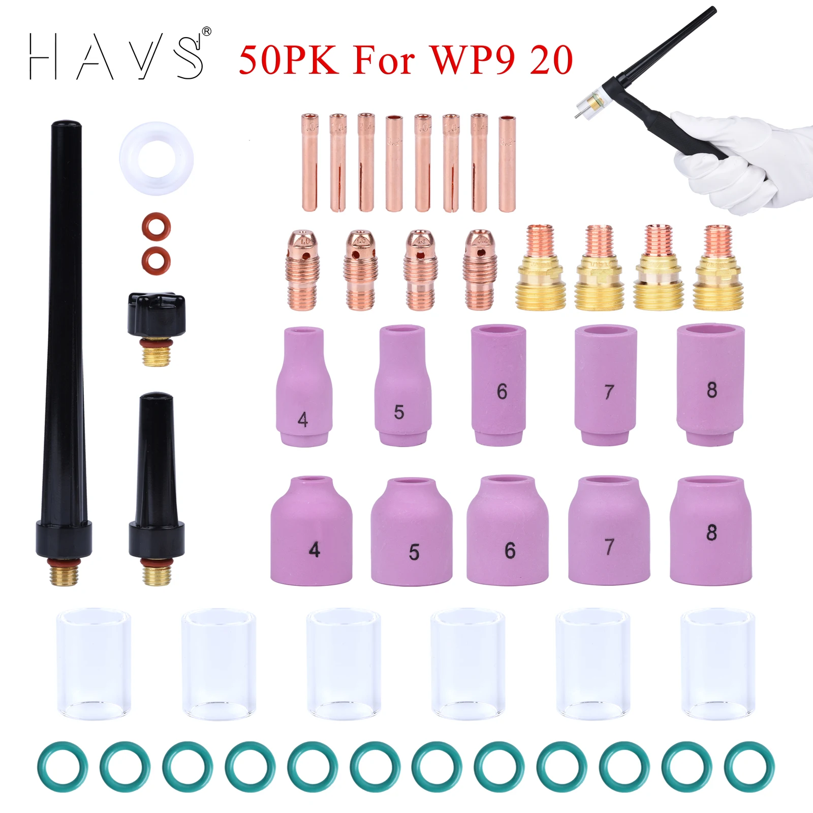 50Pcs TIG Welding Torch Stubby Gas Lens For WP9 WP20 TIG Back Cap Collet Bodies Spares Kit Durable Practical Accessories welding torch