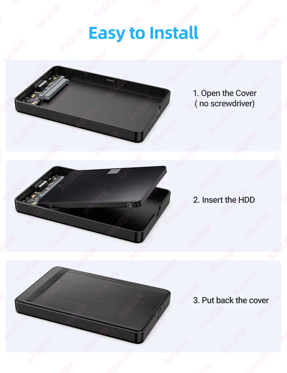 RAGEER SATA 2,5-Zoll-HDD-Gehäuse USB3.0 zu SATA 3.0 5 Gbit/s externes Festplattengehäuse für 7 mm/9,5 mm 2,5-Zoll-HDD-SSD, unterstützt UASP – Detail 9