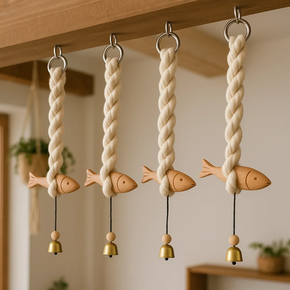Nautical Wood Fish Sculpture Wall Hanging with Bell Chime