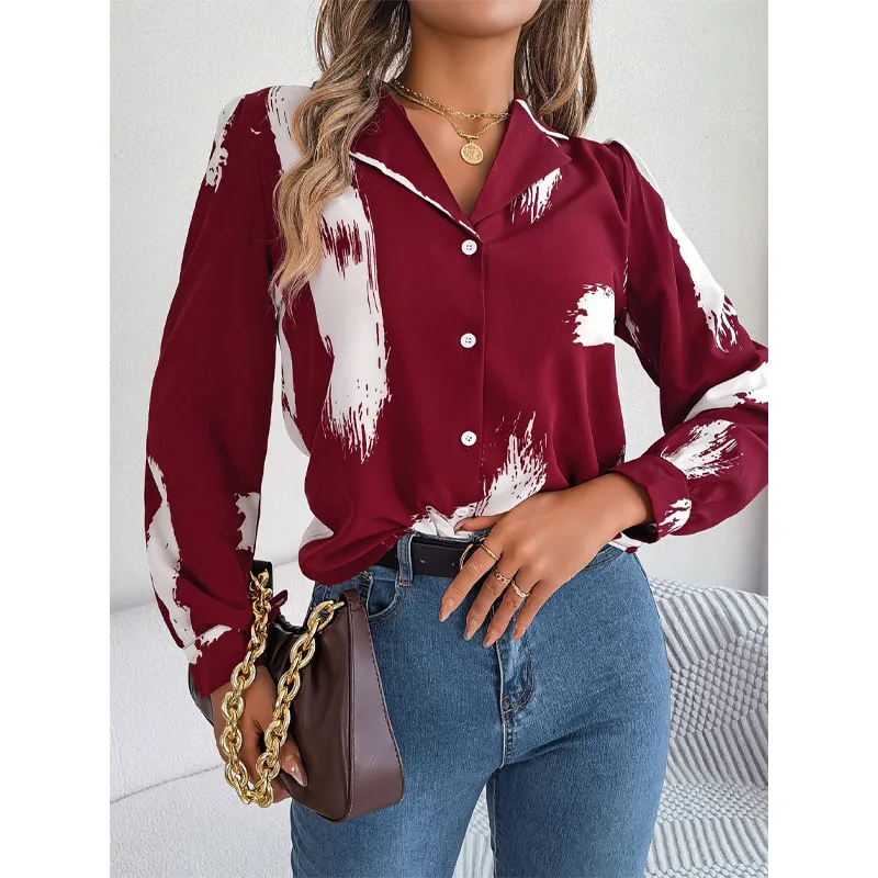 Women's Clothing 2023 Autumn and Winter Fashion New Spliced Button Print Suit Collar Long Sleeve Versatile Temperament Shirt
