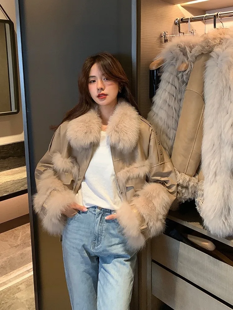Woman Clothing New Women\'s Leather Imitation Fox Fur Coat 2023 Winter Short Motorcycle Coat Faux Fur Coat Jackets for Women