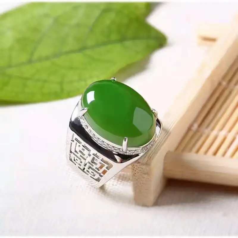 Chinese style green jade man's ring 12*16mm natural jade vintage 925 silver gemstone ring for man Luxurious silver man ring - Image 2