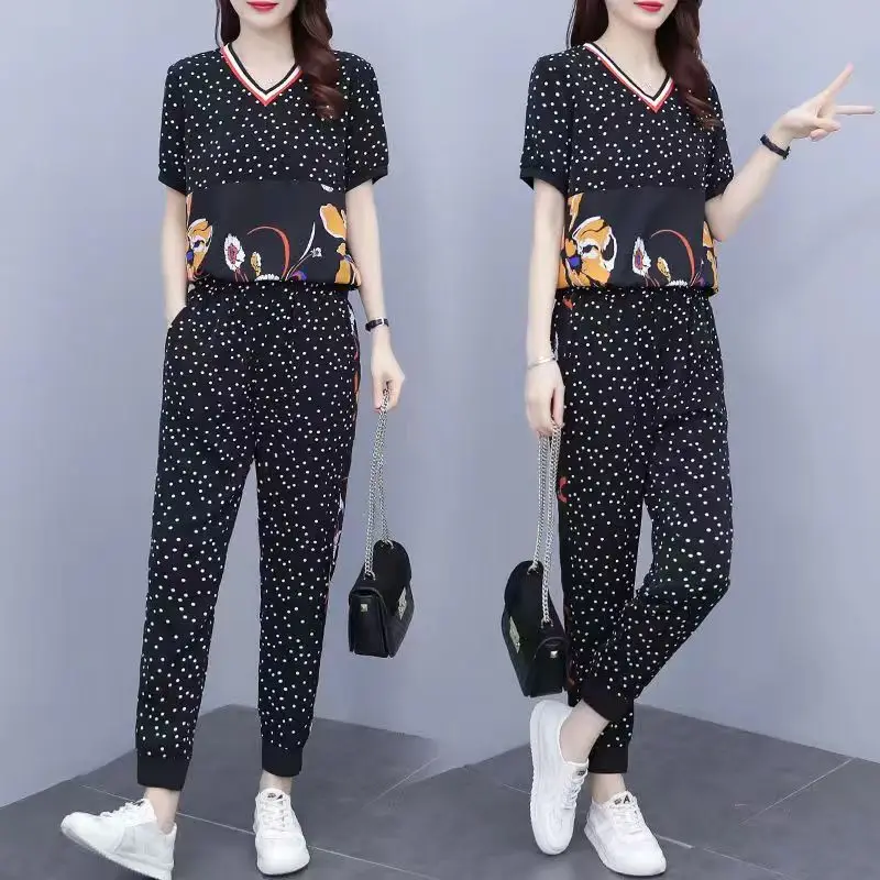 

5xl Women's V Neck Tops Sets Dot Print Short Sleeve Fashion Casual Suit 2023 Summer Loose Black Pants Two Pieces Tracksuit XC153