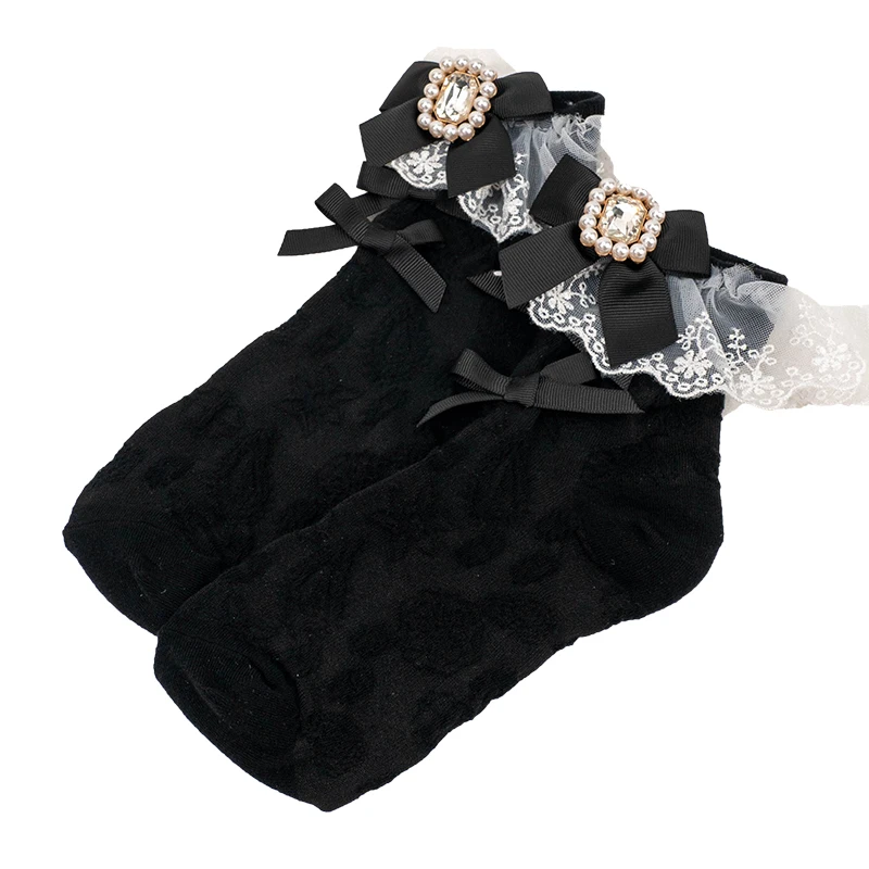 Women's Japanese Style Bow Lace Socks White Black Autumn and Winter Cute Socks Lady Lolita Style Kawaii Socks