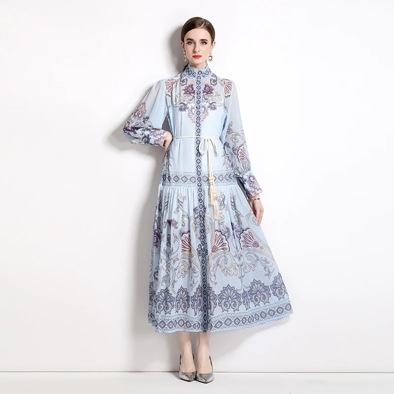 

2023 New Fashion Chiffon Printed Dress Women's Summer Retro Versatile Loose Fit Long Sleeve Leisure Vacation Vestidos