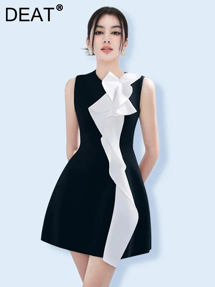 deat-round-collar-ruffles-mini-vestido-para-mulheres-sem-mangas-cor-de-contraste-moda-moda-feminina-patchwork-2024-15c160