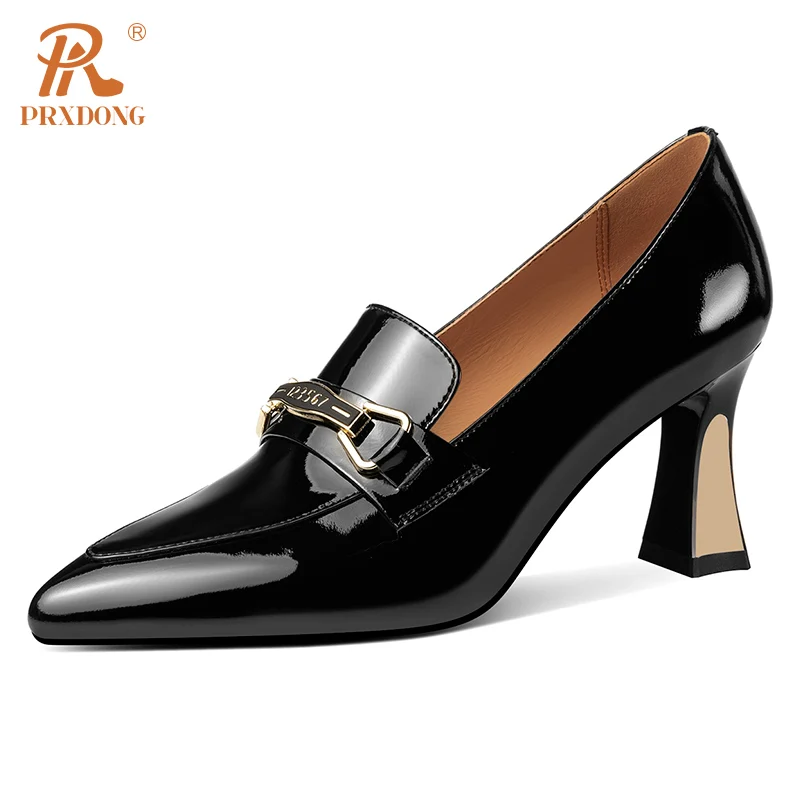 

PRXDONG New Fashion Real Patent Leather High Heels Pointed Toe Black Khaki Spring Summer Dress Party Work Lady Shoes Pumps 34-43