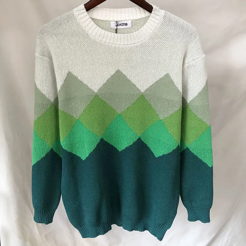 

Вязаный свитер с геометрическим градиентом, пуловер с круглым вырезом, свитер высокого качества, японский контрастный этнический свитер