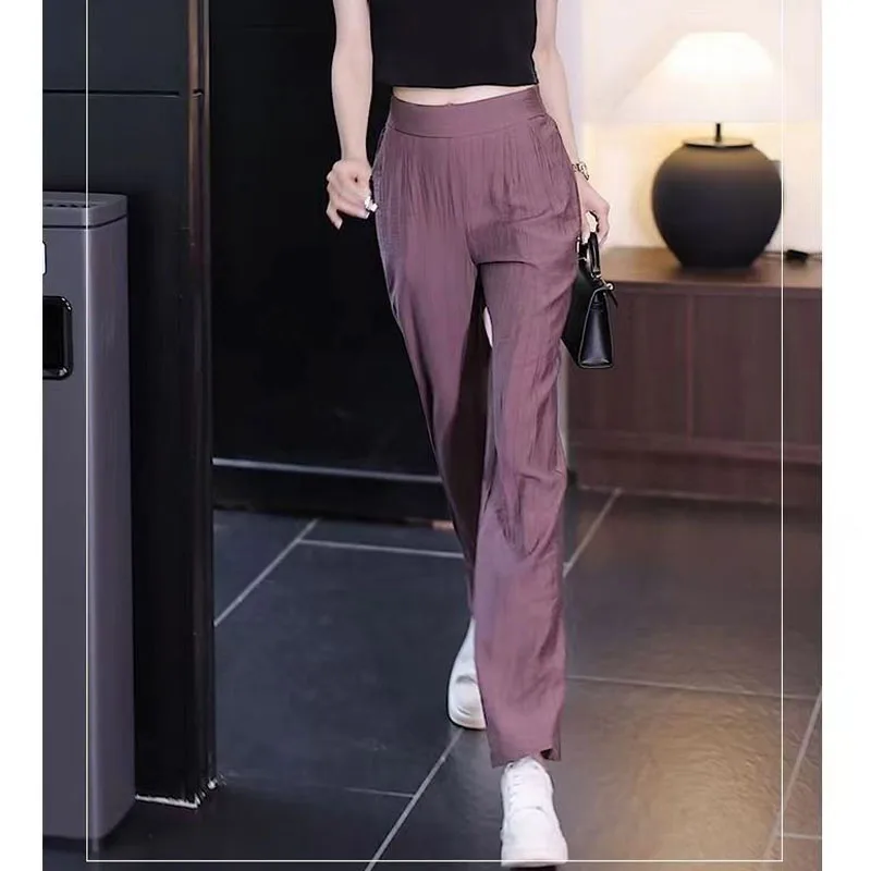 Simplicity Casual Women's Solid Elastic High Waist Trousers Fashion All-match Straight Wide Leg Pants Summer Female Clothing