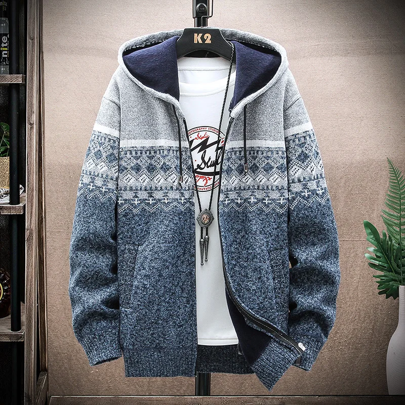 Men's printed sweater hooded cardigan Cold coat Wool zipper jacket Autumn and winter wool warm fashion guidelines woven pullover