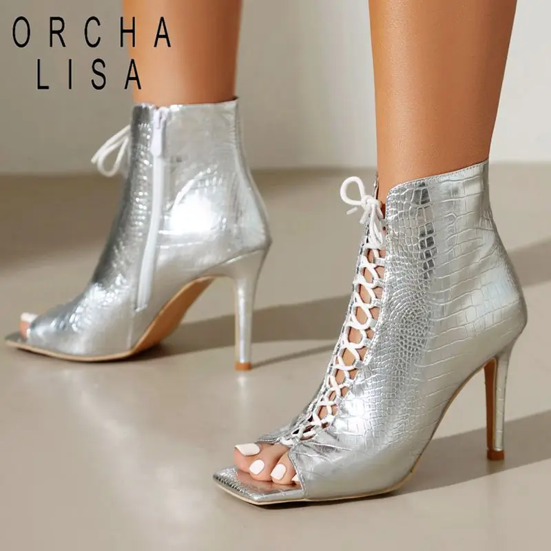 

ORCHALISA Fashion Women Summer Boots Square Toe Zipper Lace Up Thin High Heels 9.5cm Plaid Plus Size 42 43 Sexy Party Ankle Bota
