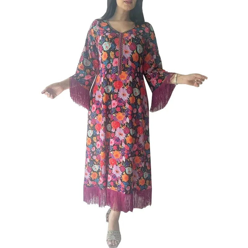 Folk Costume Arab Ladies Bronzing Printed Casual Dubai Muslim Robe evening dresses  robe femme musulmane  dress