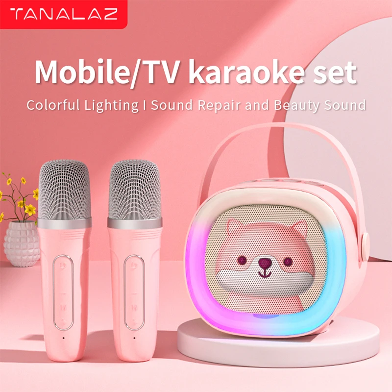 TANALAZ K25 Microphone Sound All-in-One Wireless Bluetooth Home KTV Full Frequency Loud Speaker Cherry Pink [Dual Mic]