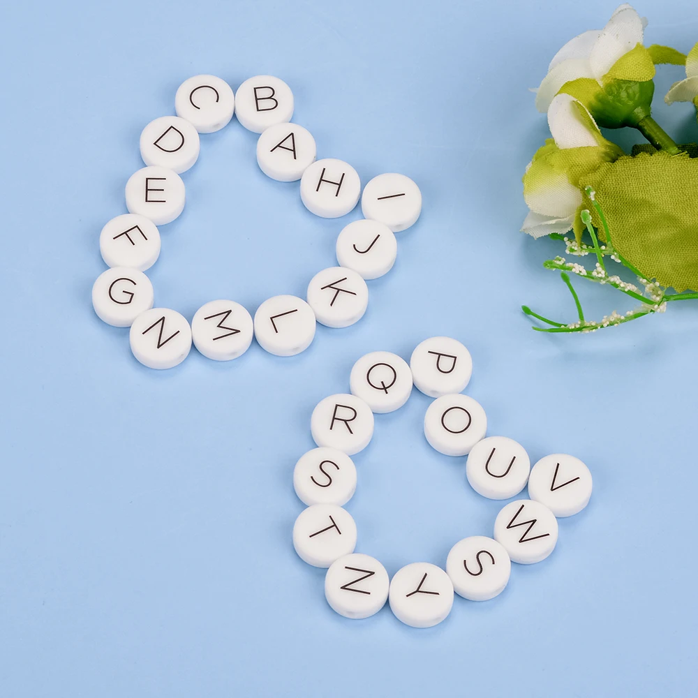 LOFCA 12 mm 100 Stück flache runde Silikonperlen in Lebensmittelqualität, Buchstaben-Beißringe, lose Kau-Alphabet für personalisierte Namens-DIY – Detail 2
