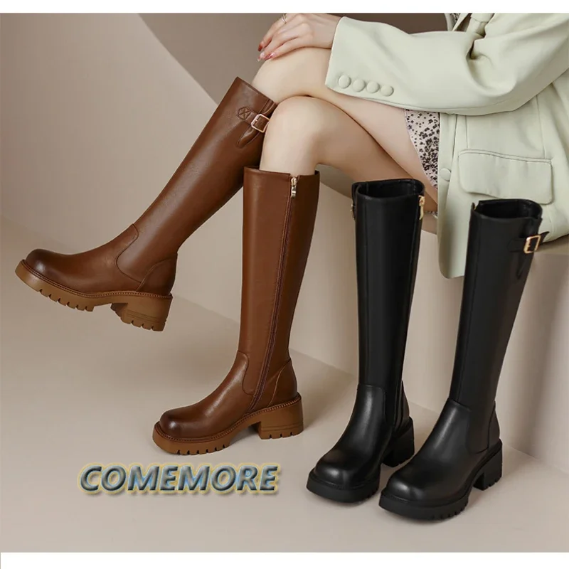 

Женские сапоги до колена в стиле ретро, однотонные высокие сапоги на толстой подошве, рыцарские сапоги-трубки, женские черные осенне-зимние сапоги с круглым носком на среднем каблуке