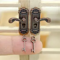 Mini Furniture Pull Keyhole Plate Brass Knobs Dollhouse Lock Key Set Miniature Door Handles Doll House Gift DIY Accessories 2