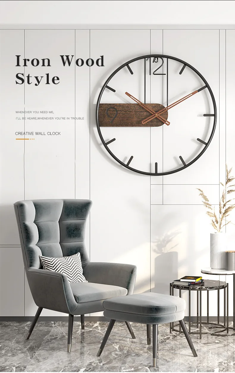 Iron Wall Clock Big Size 3D Nordic Metal Round Large Wall Watch Walnut Pionter Modern Clocks Decoration for Home Living Room