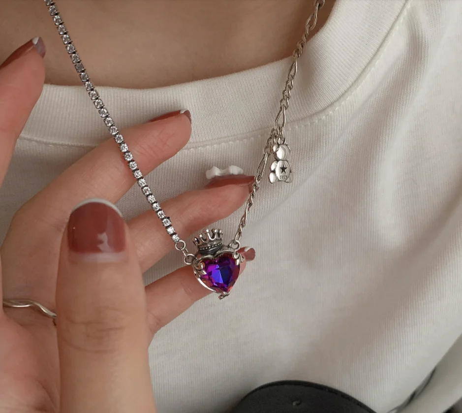 

Simple silver plated necklaces bear retro purple diamond love crown necklace for women fashion jewelry