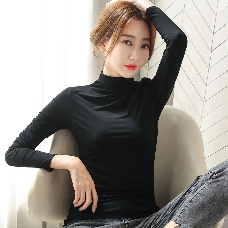 

Autumn Winter Underwear Top Women Clothes Long Sleeve Tops Elasticity Basic High Collar Blouses Solid Color T Shirts Loungewear