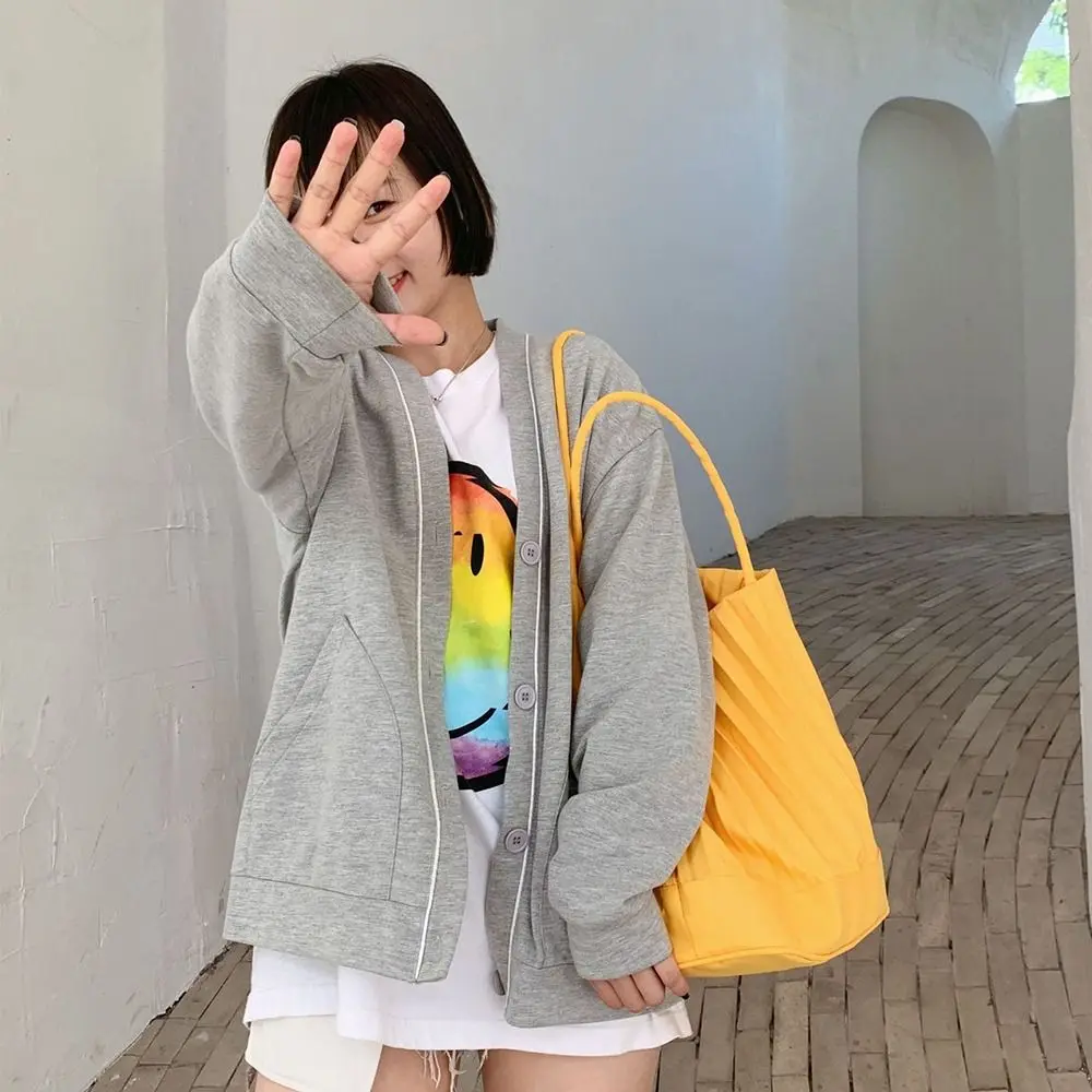 Korean Style Pleated Bucket Bag Fashionable Niche Design Silk Tote Bag Solid Color Office Worker