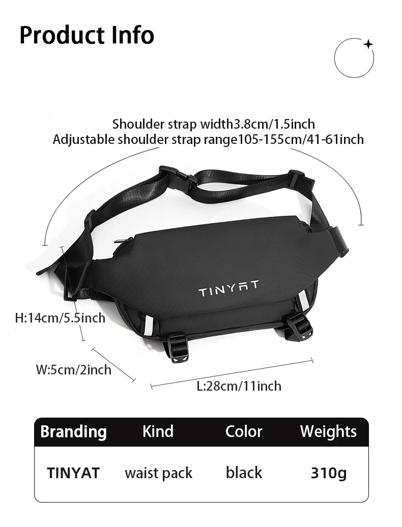 TINYAT 2024 Design Schwarz Wasserdichte Männliche Gürteltasche Hüfttasche für Männer Motorradtasche Herren Brusttasche zum Angeln Sport Laufen – Detail 2