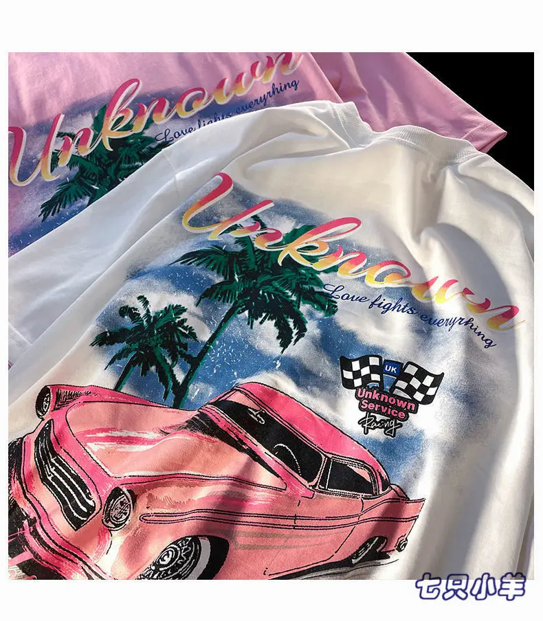 New Sweet Pink Car Print 90s Vintage Graphic T Shirts Hip