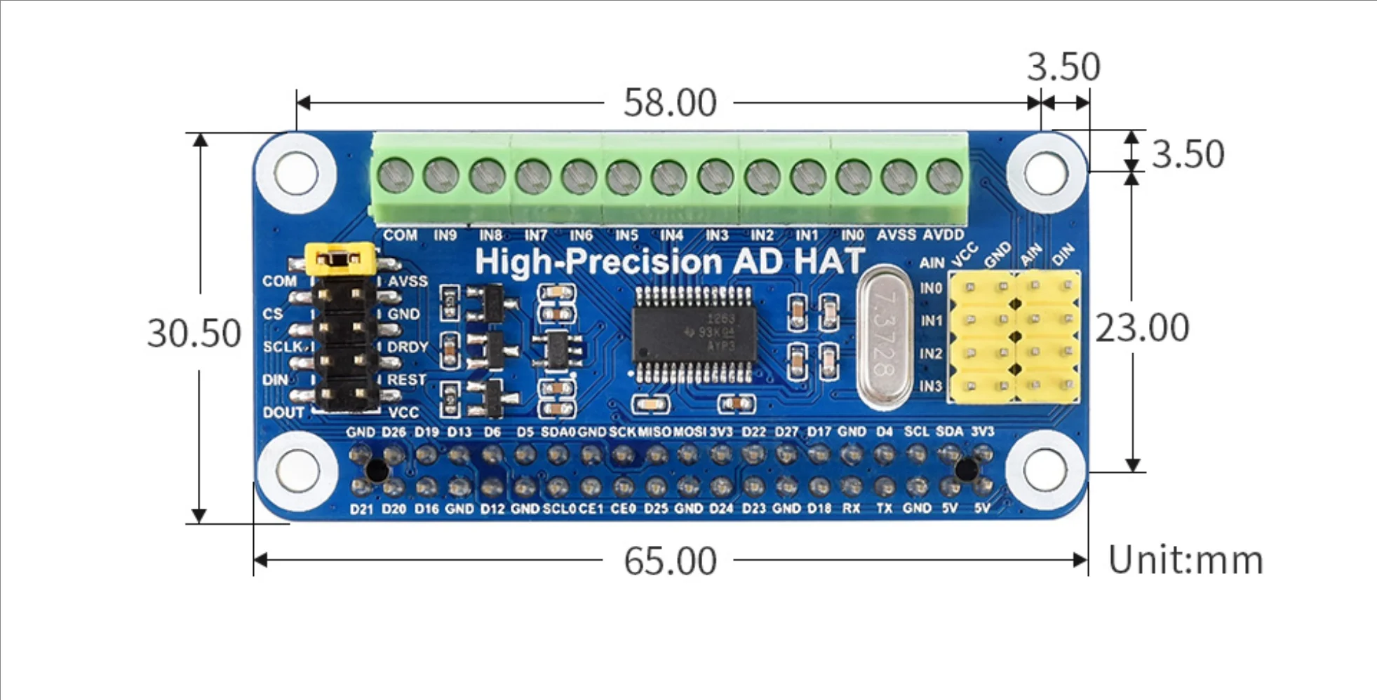 Raspberry Pi High-Precision AD HAT For Raspberry Pi and Jetson Nano/Audio ADS1263 10-Ch 32-Bit ADC BUS SPI