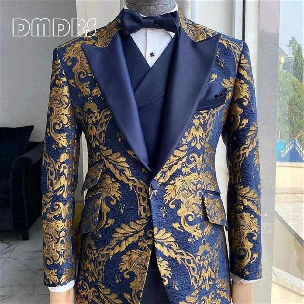

3 Pieces Floral Suits for Men Slim Fit Jacquard Wedding Tuxedo Navy Blue and Gold Gentleman Jacket with Vest Pant 3 Pcs 2024