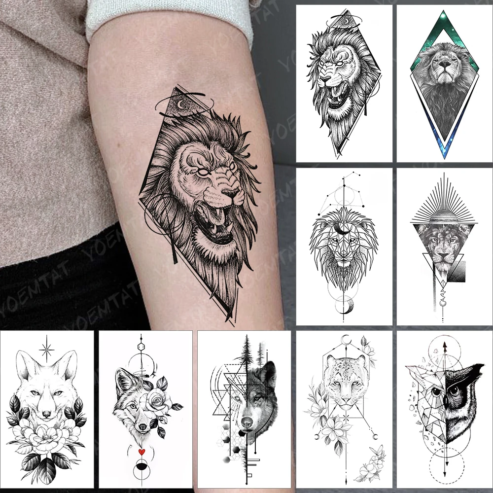 

Kids Stickers Waterproof Temporary Tattoo Geometric Lion Wolf Owl Moon Linear Tattoo Women Men Body Art Children's Fake Tatto