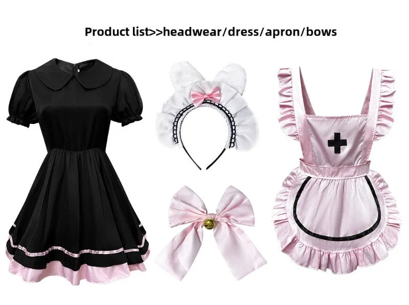 Anime Black Pink Lolita Maid Cosplay Kleid mit Schleife – Süßes Mädchen Kostüm 22